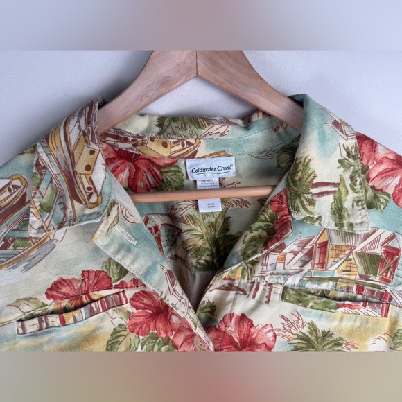 Coldwater Creek Denim Shirt Jacket Button Front Hawaiian Tropical Print L NOTES - Picture 3 of 10